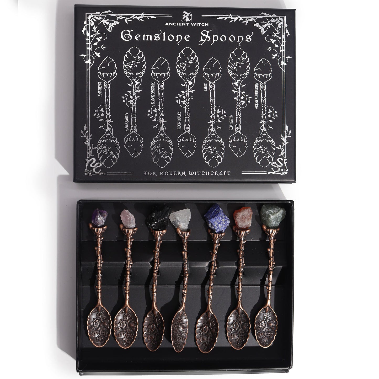 Set of 7 Gemstone Crystal Witches Spoons - Bronze product packaging on clean background from Quintessential Holistic Health Ltd