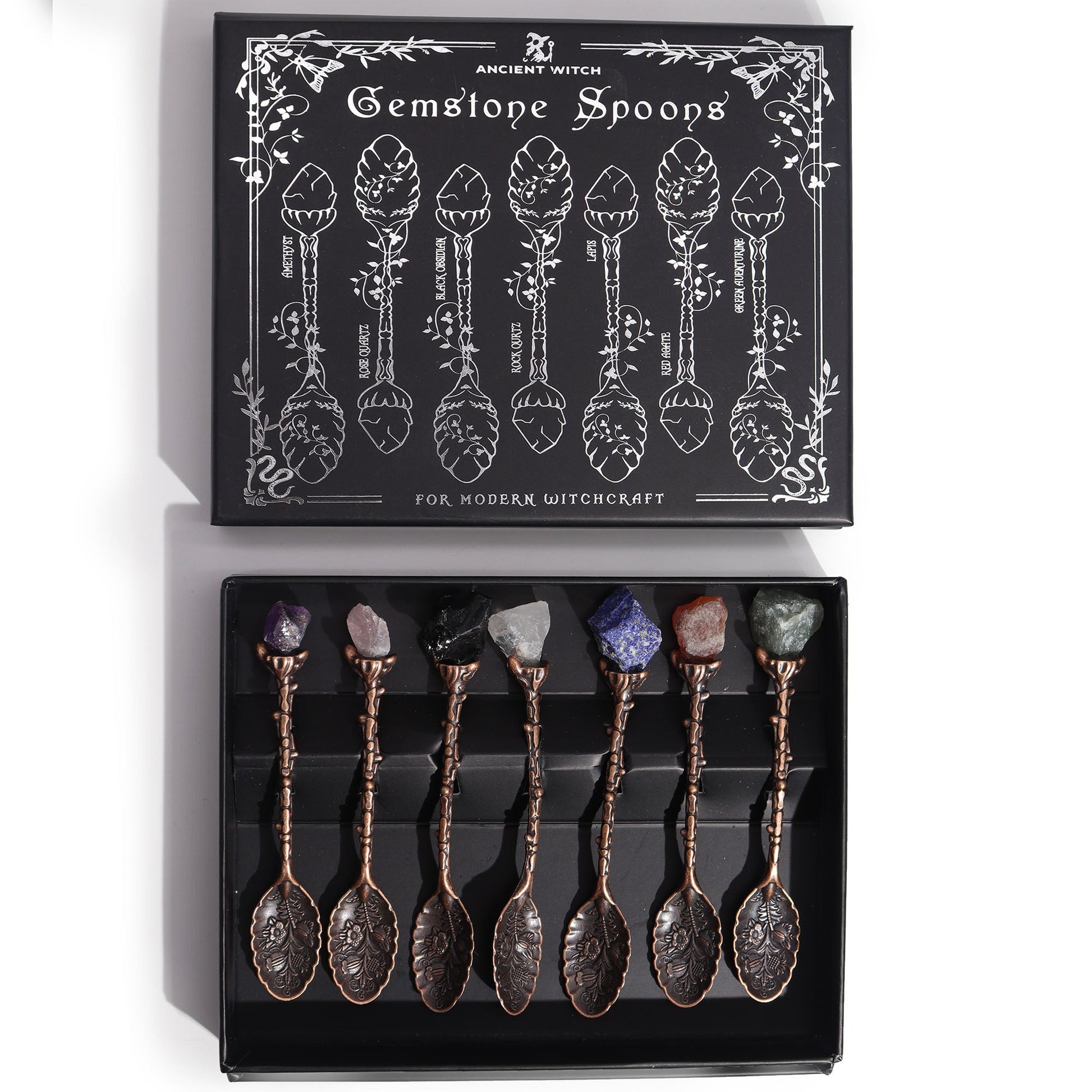Set of 7 Gemstone Crystal Witches Spoons - Bronze product packaging on clean background from Quintessential Holistic Health Ltd