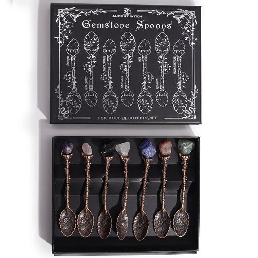 Set of 7 Gemstone Crystal Witches Spoons - Bronze product packaging on clean background from Quintessential Holistic Health Ltd