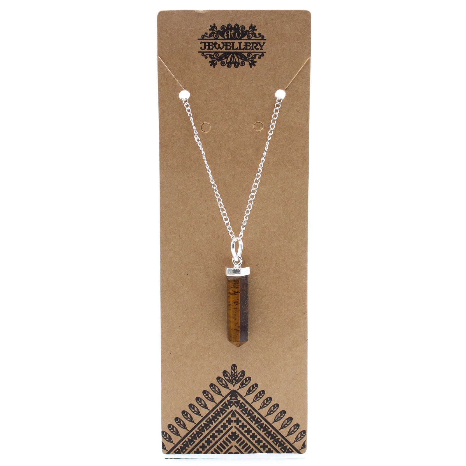 Gemstone Classic Point Pendant Necklace - Tigers Eye product packaging on clean background from Quintessential Holistic Health Ltd