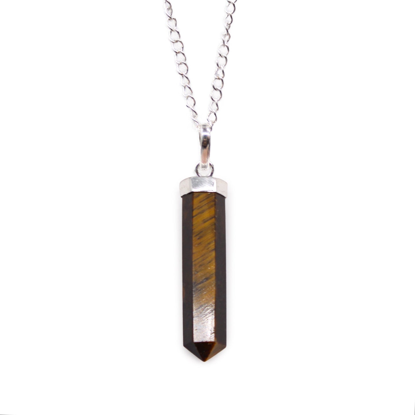 Gemstone Classic Point Pendant Necklace - Tigers Eye product packaging on clean background from Quintessential Holistic Health Ltd