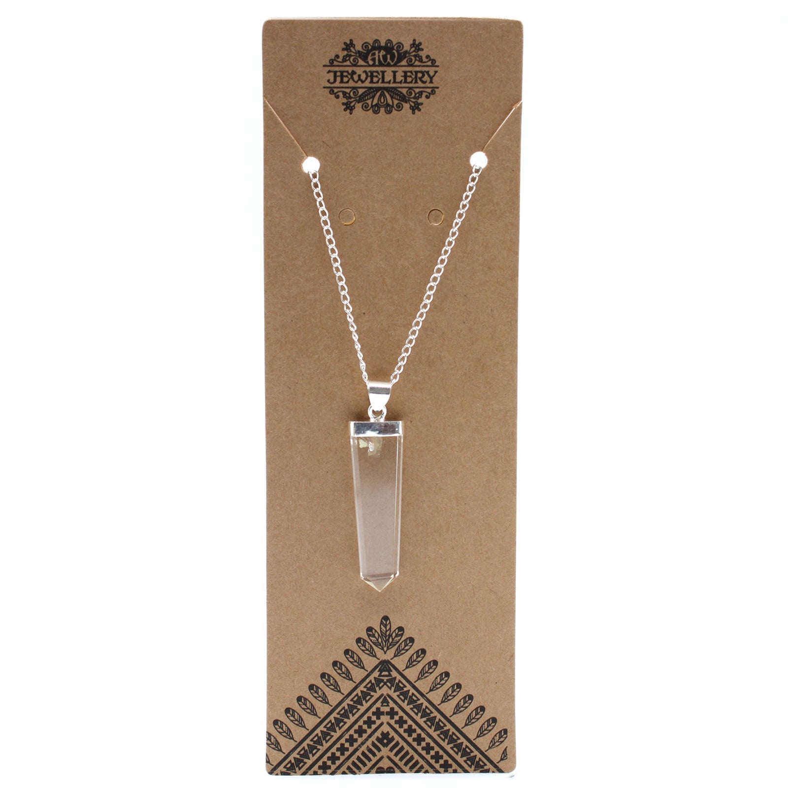 Gemstone Flat Pencil Pendant Necklace - Rock Quartz product packaging on clean background from Quintessential Holistic Health Ltd