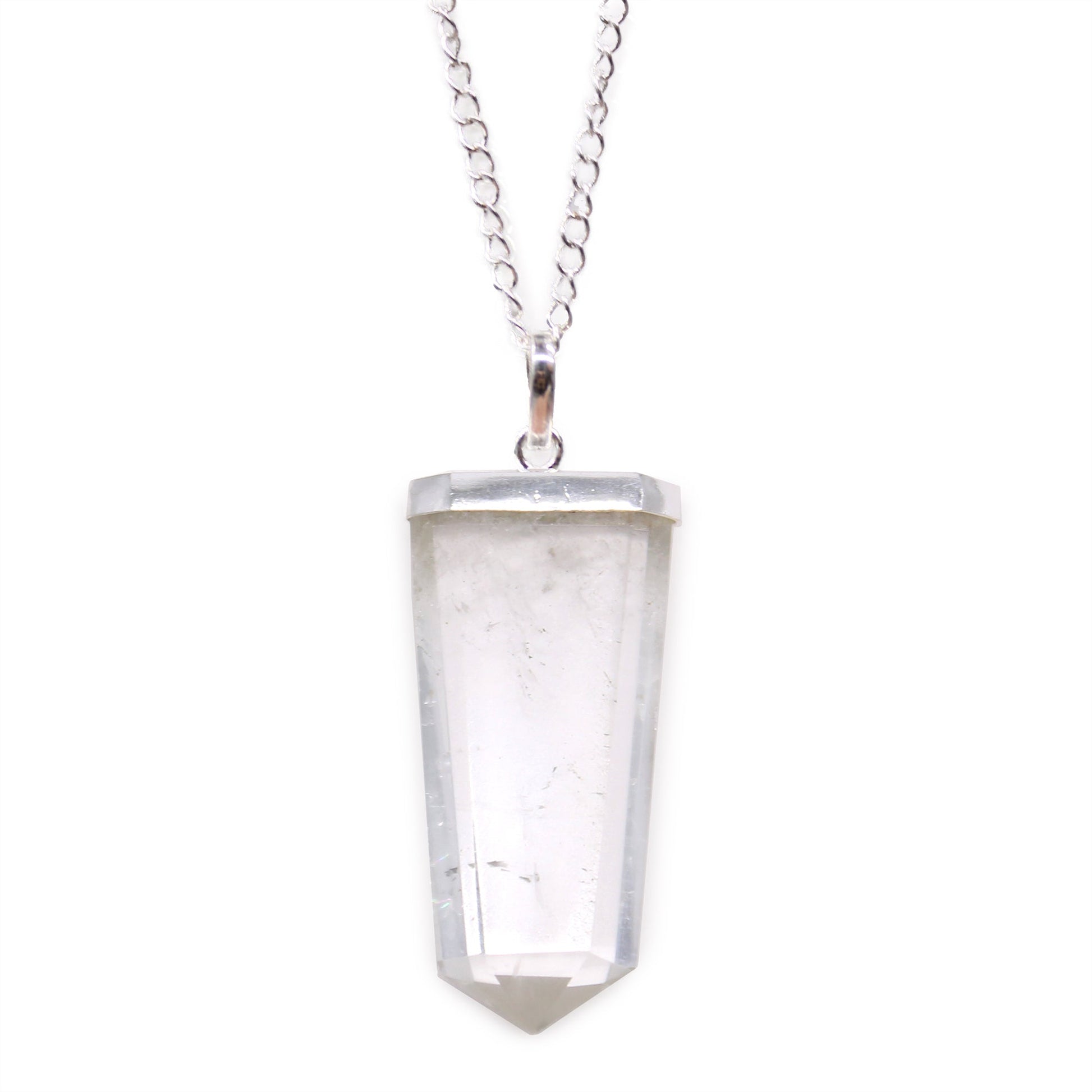 Gemstone Flat Pencil Pendant Necklace - Rock Quartz product packaging on clean background from Quintessential Holistic Health Ltd