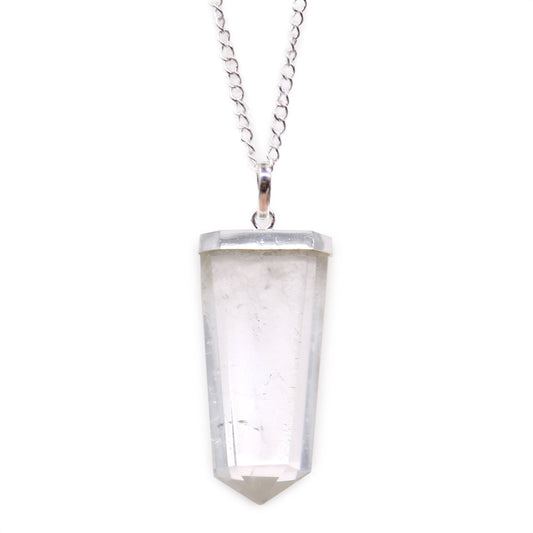 Gemstone Flat Pencil Pendant Necklace - Rock Quartz product packaging on clean background from Quintessential Holistic Health Ltd