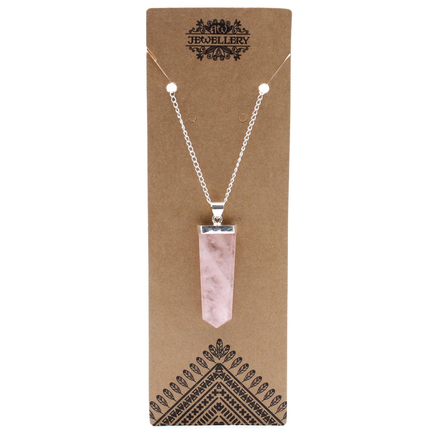 Gemstone Flat Pencil Pendant Necklace - Rose Quartz product packaging on clean background from Quintessential Holistic Health Ltd