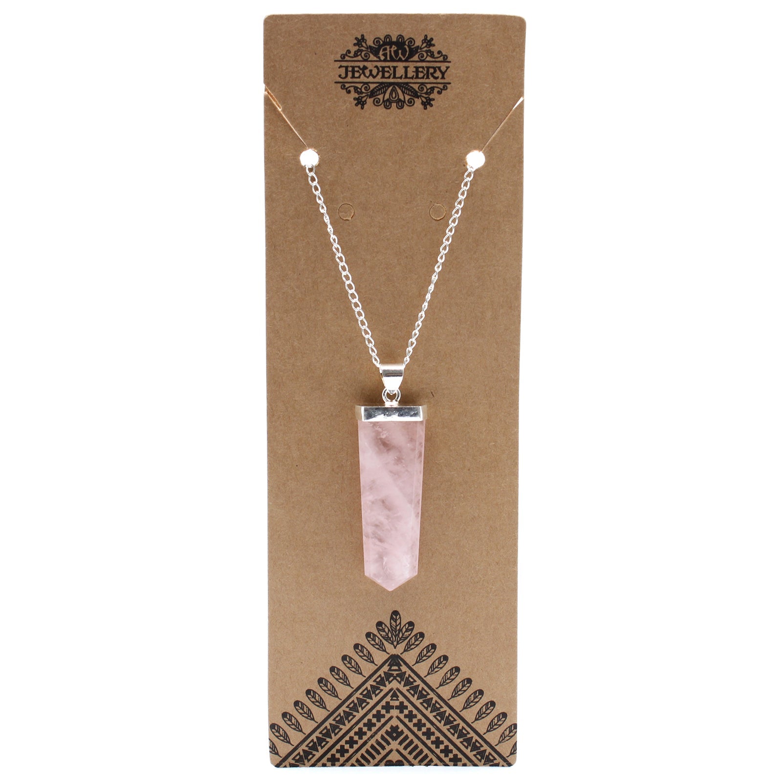 Gemstone Flat Pencil Pendant Necklace - Rose Quartz product packaging on clean background from Quintessential Holistic Health Ltd