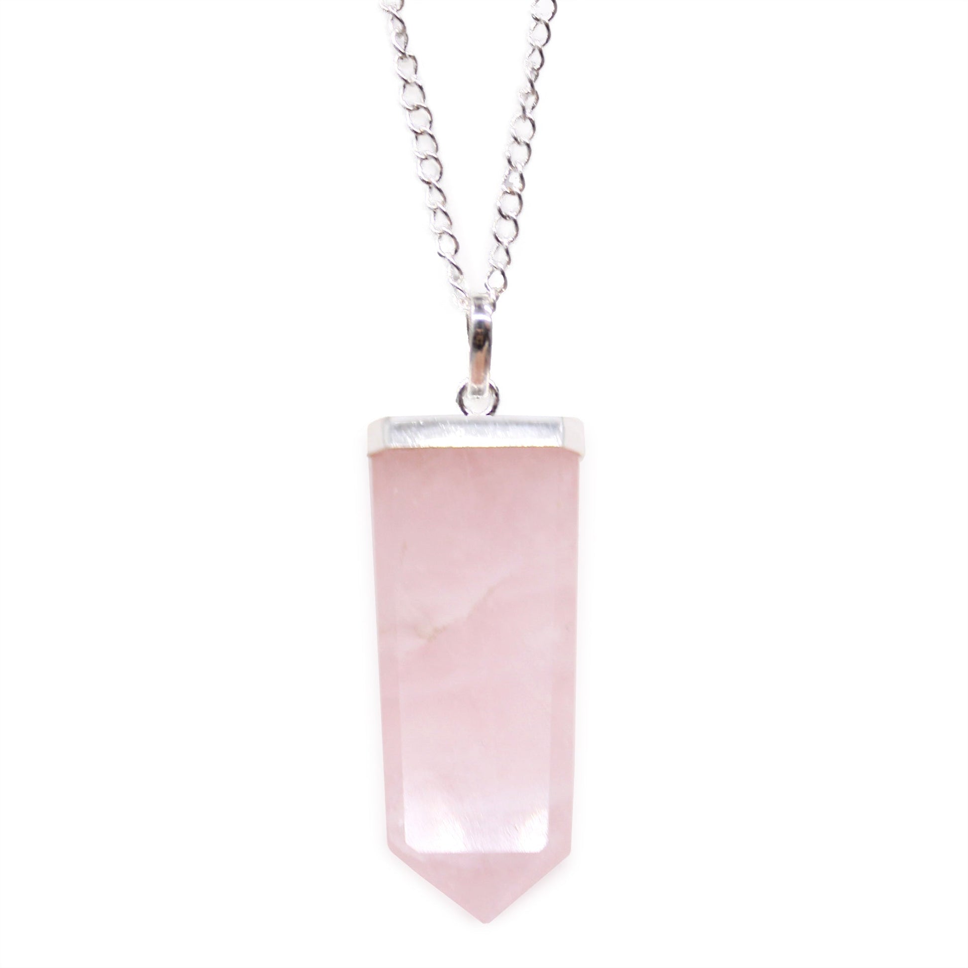 Gemstone Flat Pencil Pendant Necklace - Rose Quartz product packaging on clean background from Quintessential Holistic Health Ltd