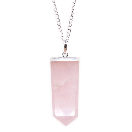 Gemstone Flat Pencil Pendant Necklace - Rose Quartz product packaging on clean background from Quintessential Holistic Health Ltd