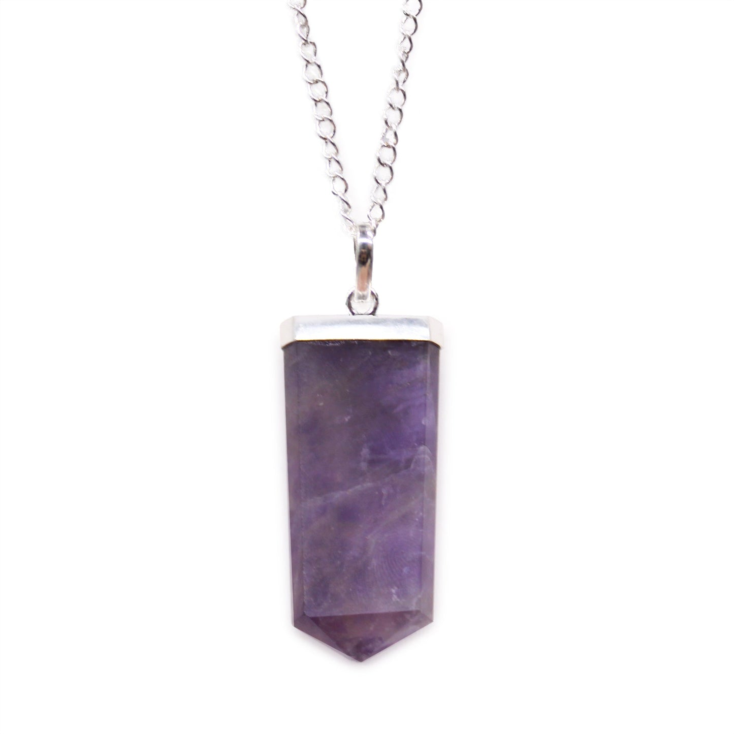 Gemstone Flat Pencil Pendant Necklace - Amethyst product packaging on clean background from Quintessential Holistic Health Ltd
