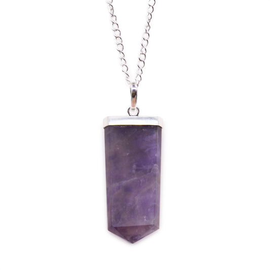 Gemstone Flat Pencil Pendant Necklace - Amethyst product packaging on clean background from Quintessential Holistic Health Ltd