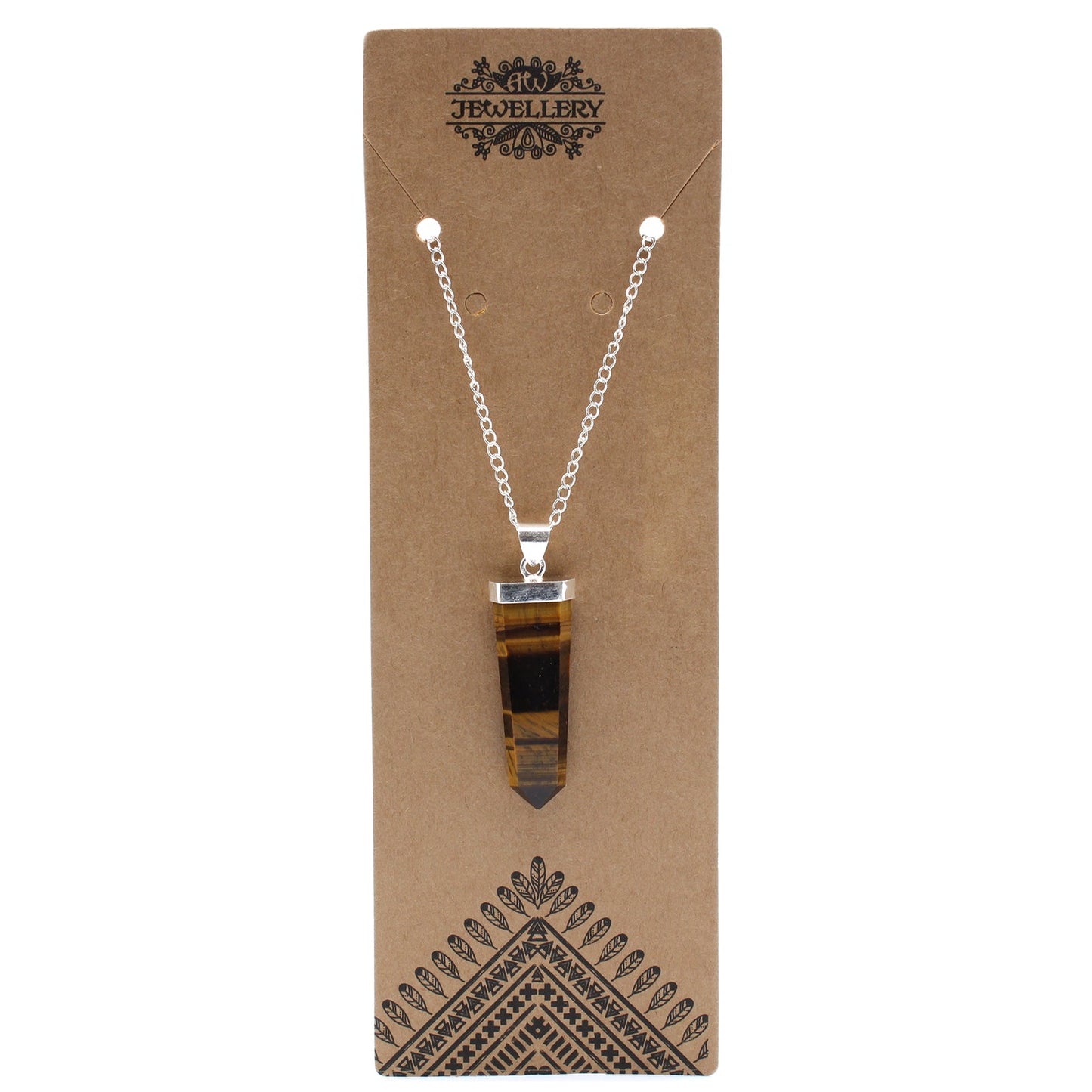 Gemstone Flat Pencil Pendant Necklace - Tiger Eye product packaging on clean background from Quintessential Holistic Health Ltd