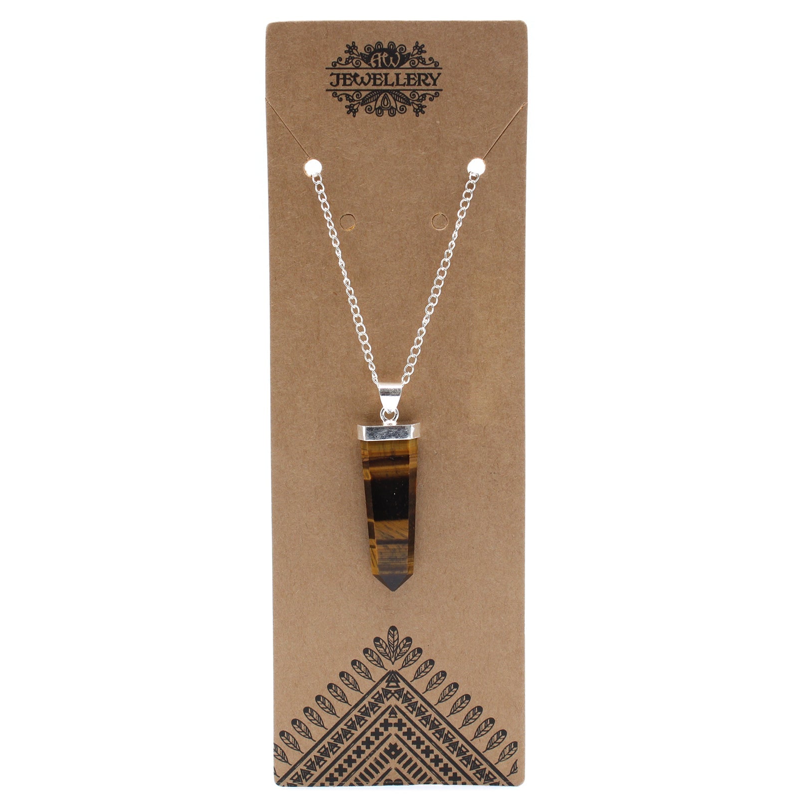 Gemstone Flat Pencil Pendant Necklace - Tiger Eye product packaging on clean background from Quintessential Holistic Health Ltd