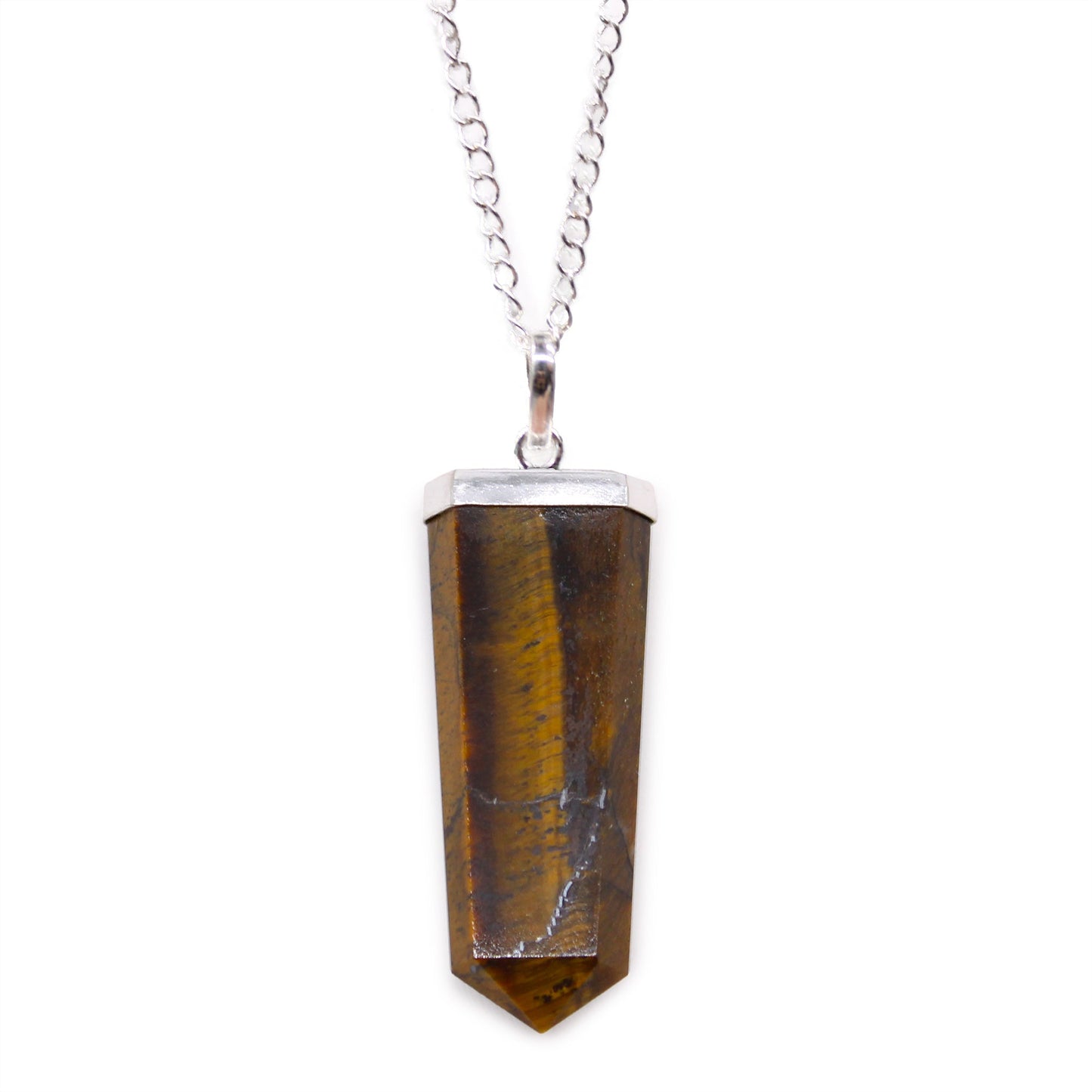 Gemstone Flat Pencil Pendant Necklace - Tiger Eye product packaging on clean background from Quintessential Holistic Health Ltd