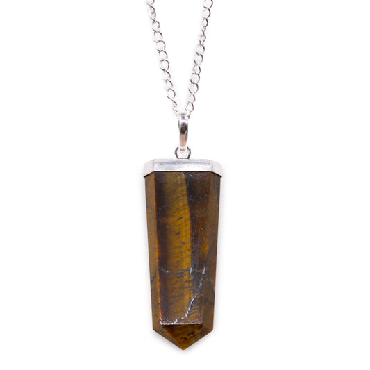 Gemstone Flat Pencil Pendant Necklace - Tiger Eye product packaging on clean background from Quintessential Holistic Health Ltd