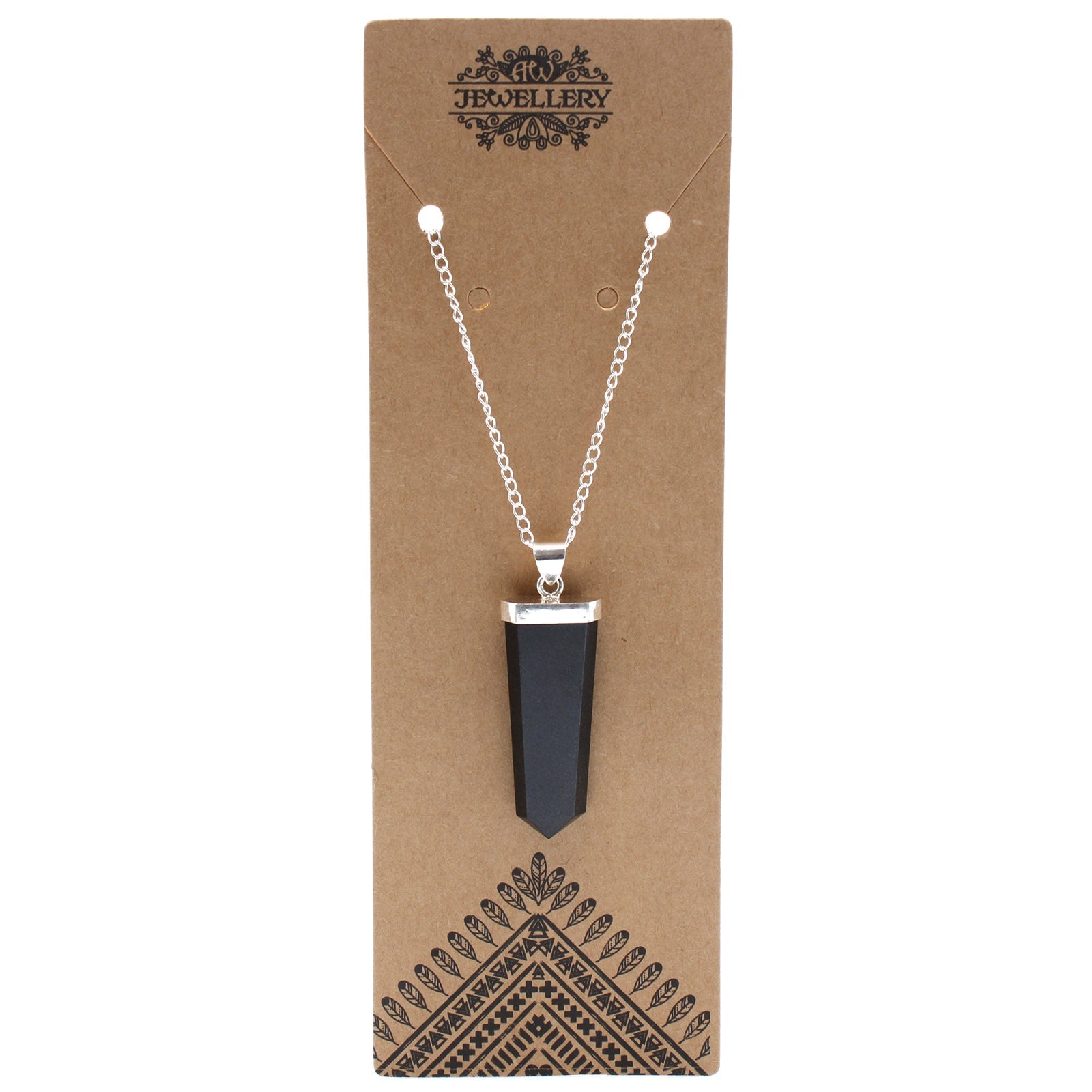 Gemstone Flat Pencil Pendant Necklace - Black Agate product packaging on clean background from Quintessential Holistic Health Ltd