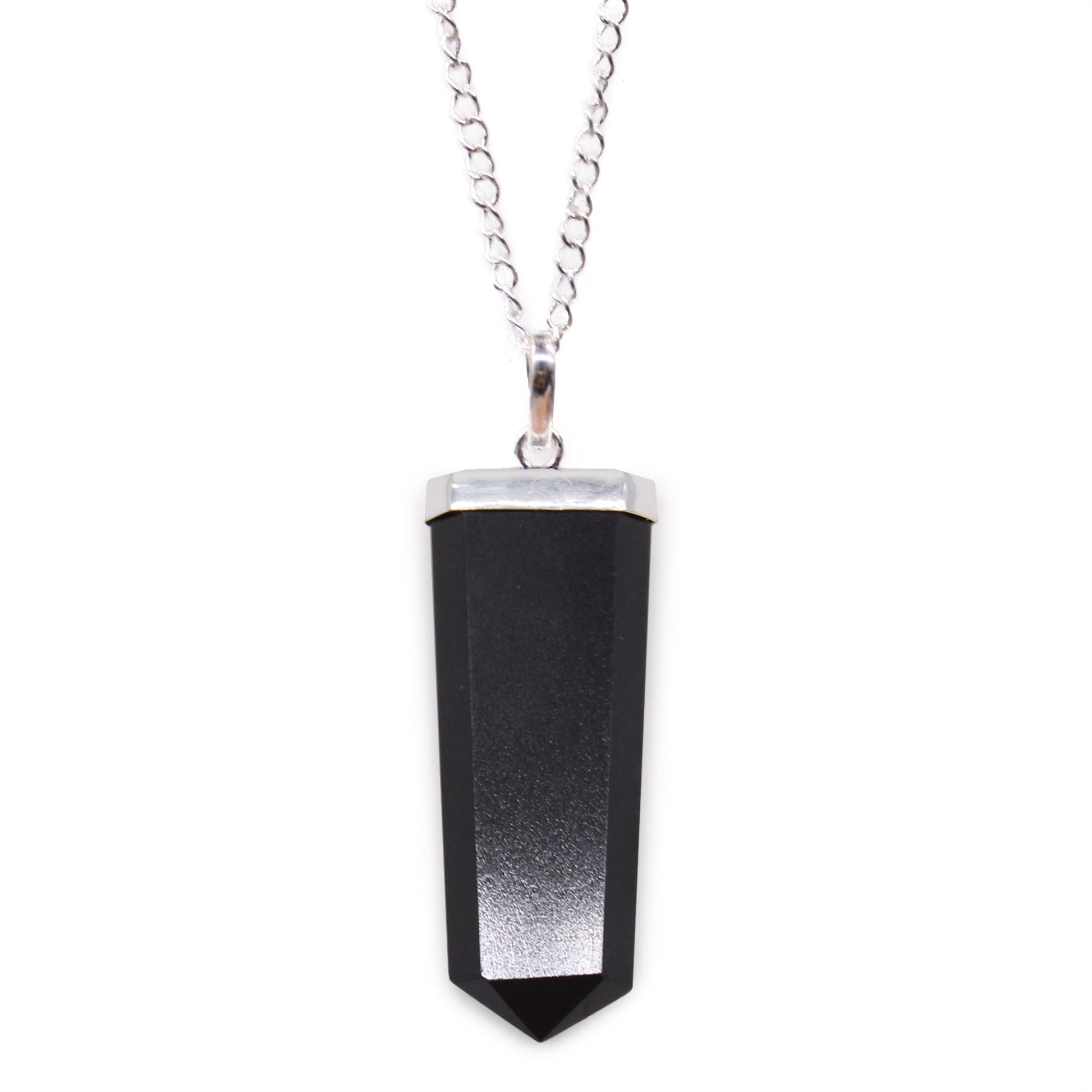 Gemstone Flat Pencil Pendant Necklace - Black Agate product packaging on clean background from Quintessential Holistic Health Ltd