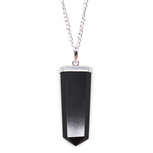 Gemstone Flat Pencil Pendant Necklace - Black Agate product packaging on clean background from Quintessential Holistic Health Ltd