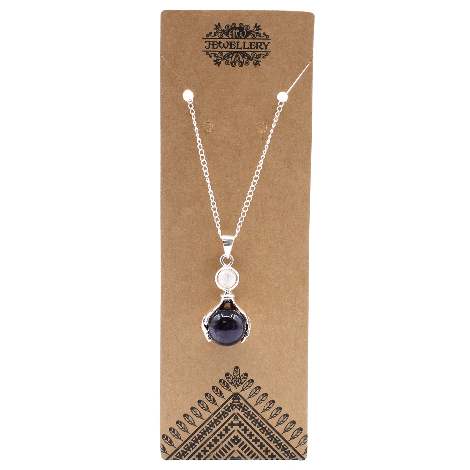 Gemstone Healing Hands Pendant Necklace - Amethyst product packaging on clean background from Quintessential Holistic Health Ltd