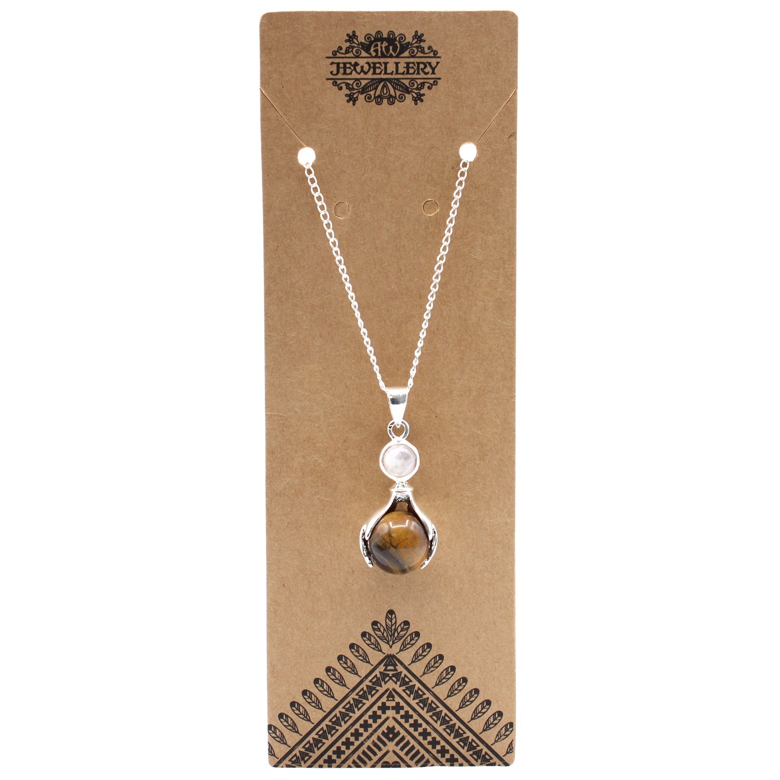 Gemstone Healing Hands Pendant Necklace - Tigers Eye product packaging on clean background from Quintessential Holistic Health Ltd