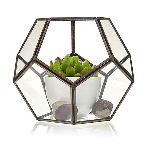 Large Glass and Brass Octagon Terrarium, faceted frame holding a white pot with a green succulent and grey stones, by Quintessential Holistic Health Ltd