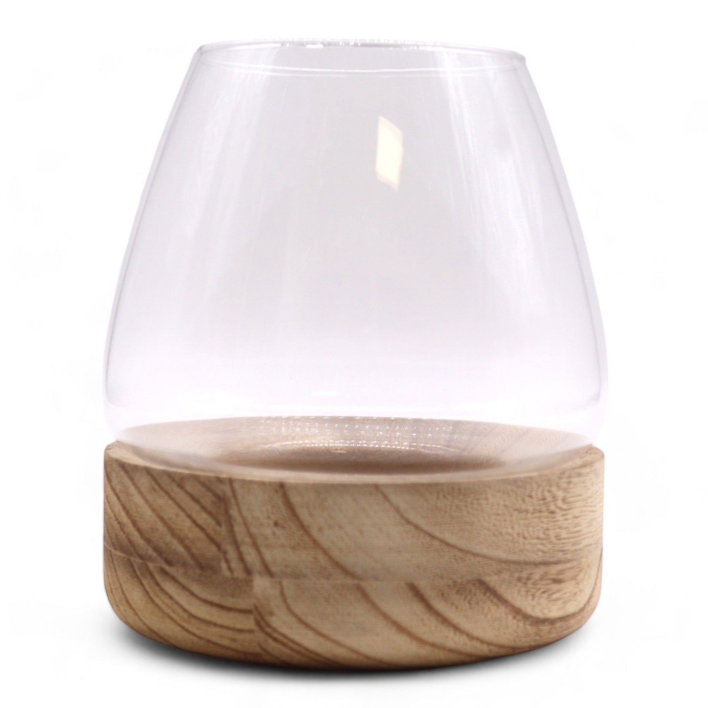 Glass Terrarium on Tung Wood - Large Natural, 17 × 19 cm, clear rounded vessel seated on a circular light-grained base, by Quintessential Holistic Health Ltd