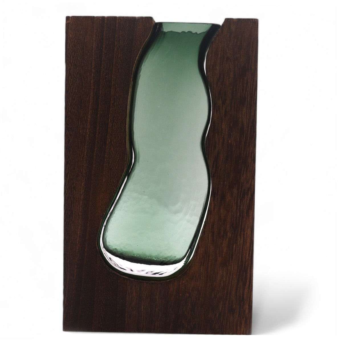 Large Dark Tung Wood Glass Terrarium - 18 × 5 × 32 cm with a wavy-edged pale green glass vessel in a rectangular wood block by Quintessential Holistic Health Ltd