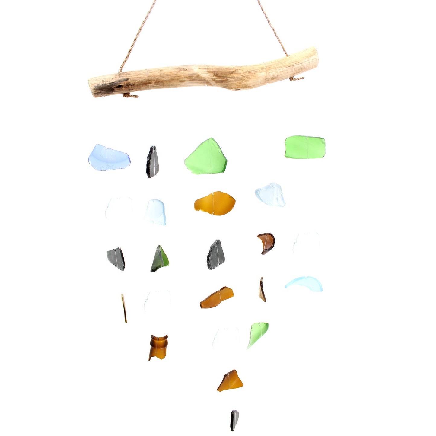 Handmade Driftwood and Recycled Glass Wind Chime - Five Drop / Multicoloured product packaging on clean background from Quintessential Holistic Health Ltd
