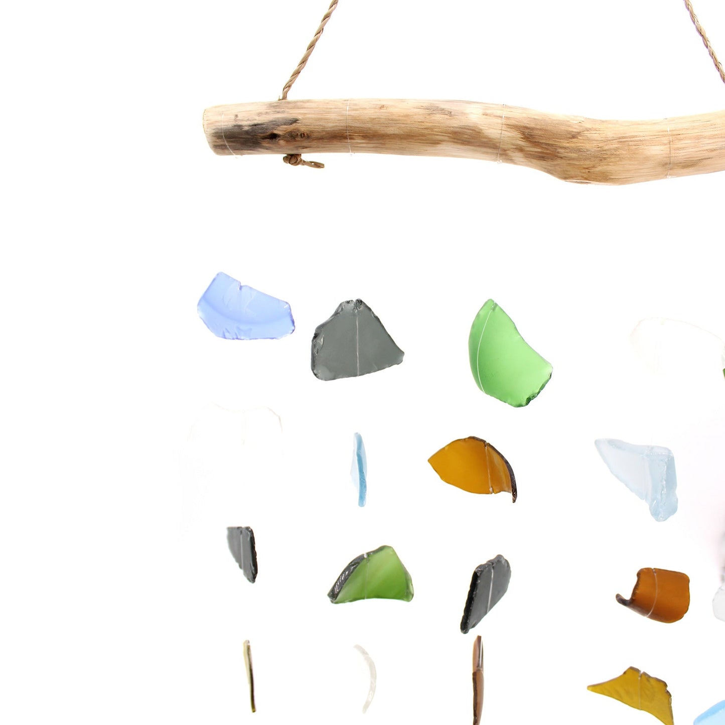 Handmade Driftwood and Recycled Glass Wind Chime - Five Drop / Multicoloured product packaging on clean background from Quintessential Holistic Health Ltd