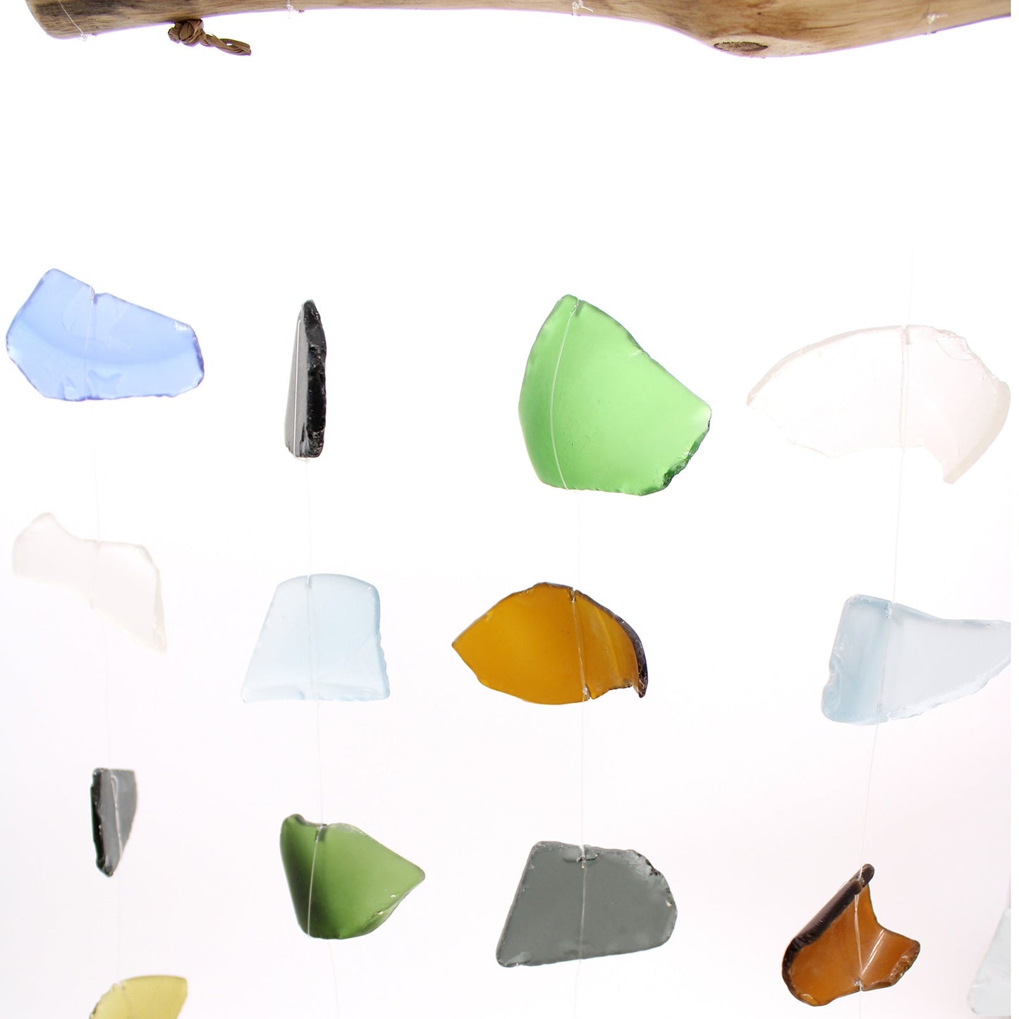 Handmade Driftwood and Recycled Glass Wind Chime - Five Drop / Multicoloured product packaging on clean background from Quintessential Holistic Health Ltd