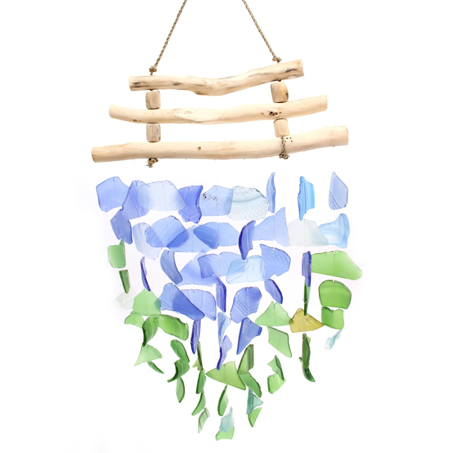 Handmade Driftwood and Recycled Glass Wind Chime - Three Stick / Blue and Green product packaging on clean background from Quintessential Holistic Health Ltd