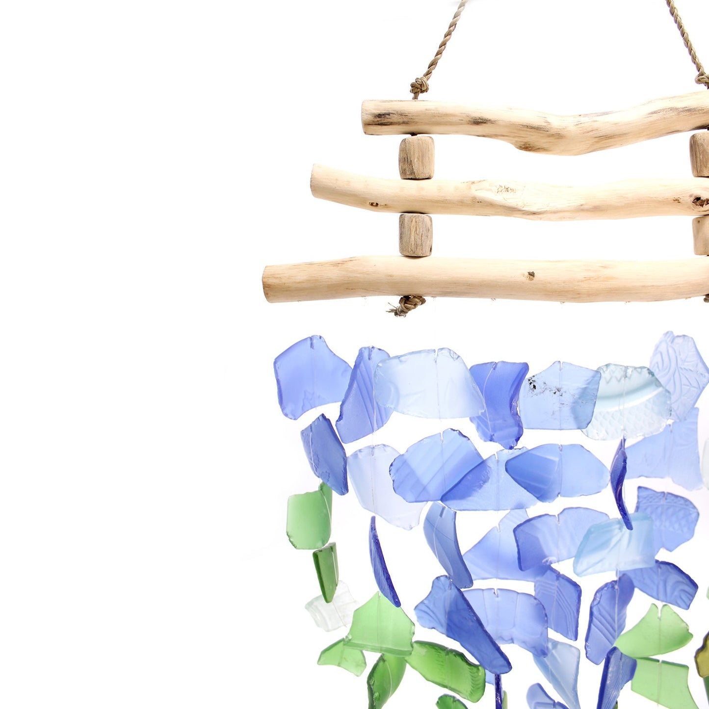 Handmade Driftwood and Recycled Glass Wind Chime - Three Stick / Blue and Green product packaging on clean background from Quintessential Holistic Health Ltd