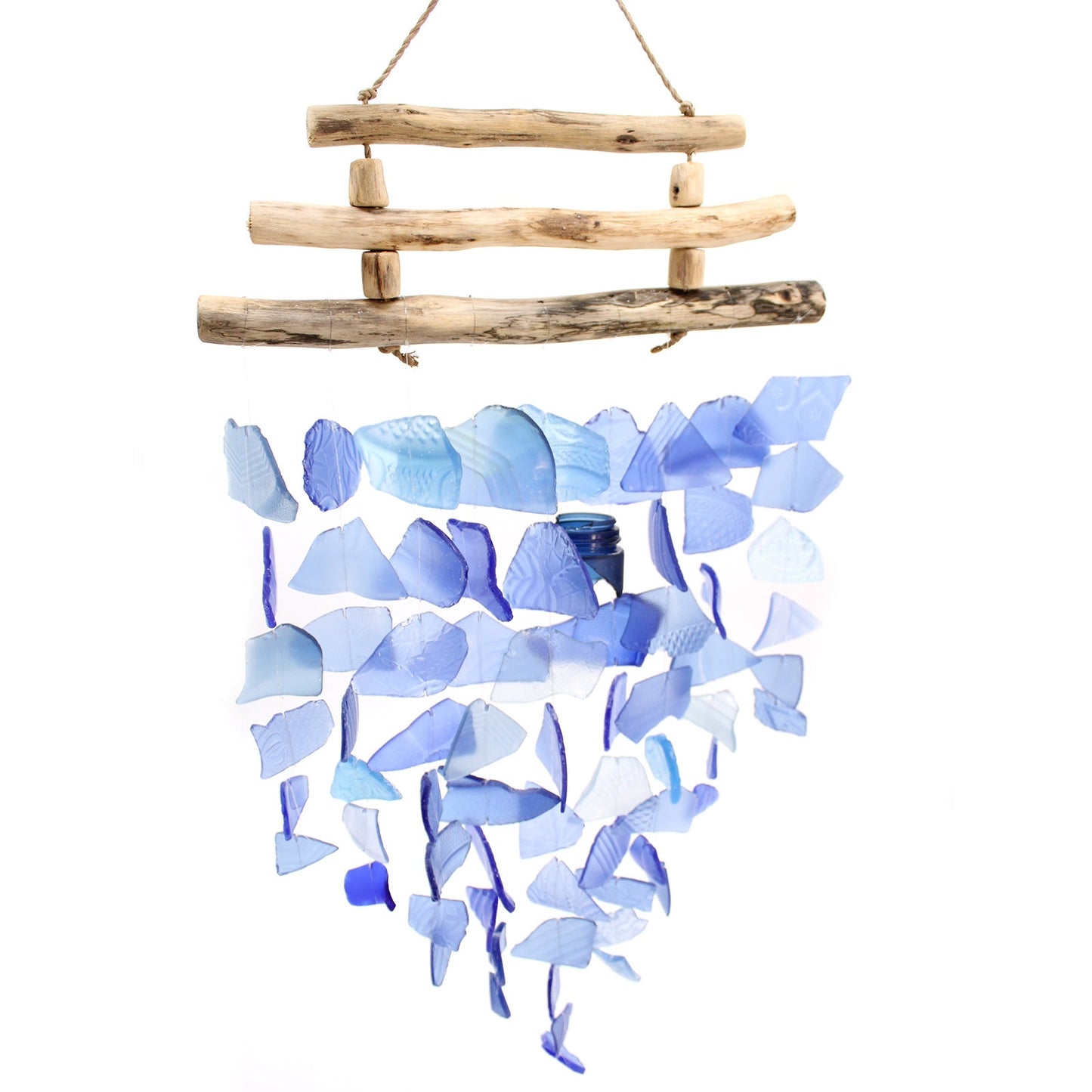 Driftwood & Recycled Glass Wind Chime - Three-Stick Blue, pale blue glass pieces hanging beneath three driftwood bars by Quintessential Holistic Health Ltd