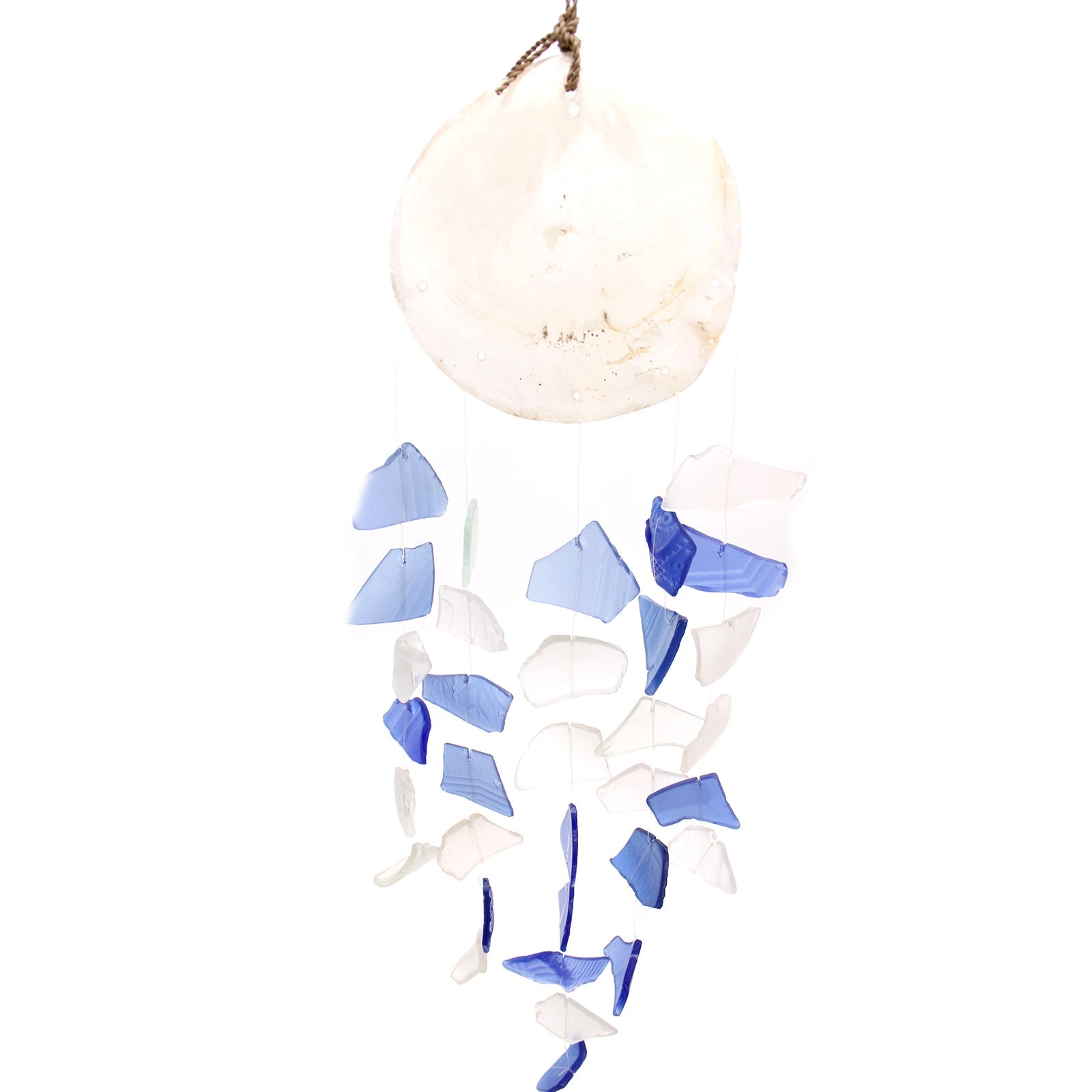 Recycled Glass Wind Chime - Blue & White Glass Drop with blue and white hanging pieces beneath a round pale disc by Quintessential Holistic Health Ltd