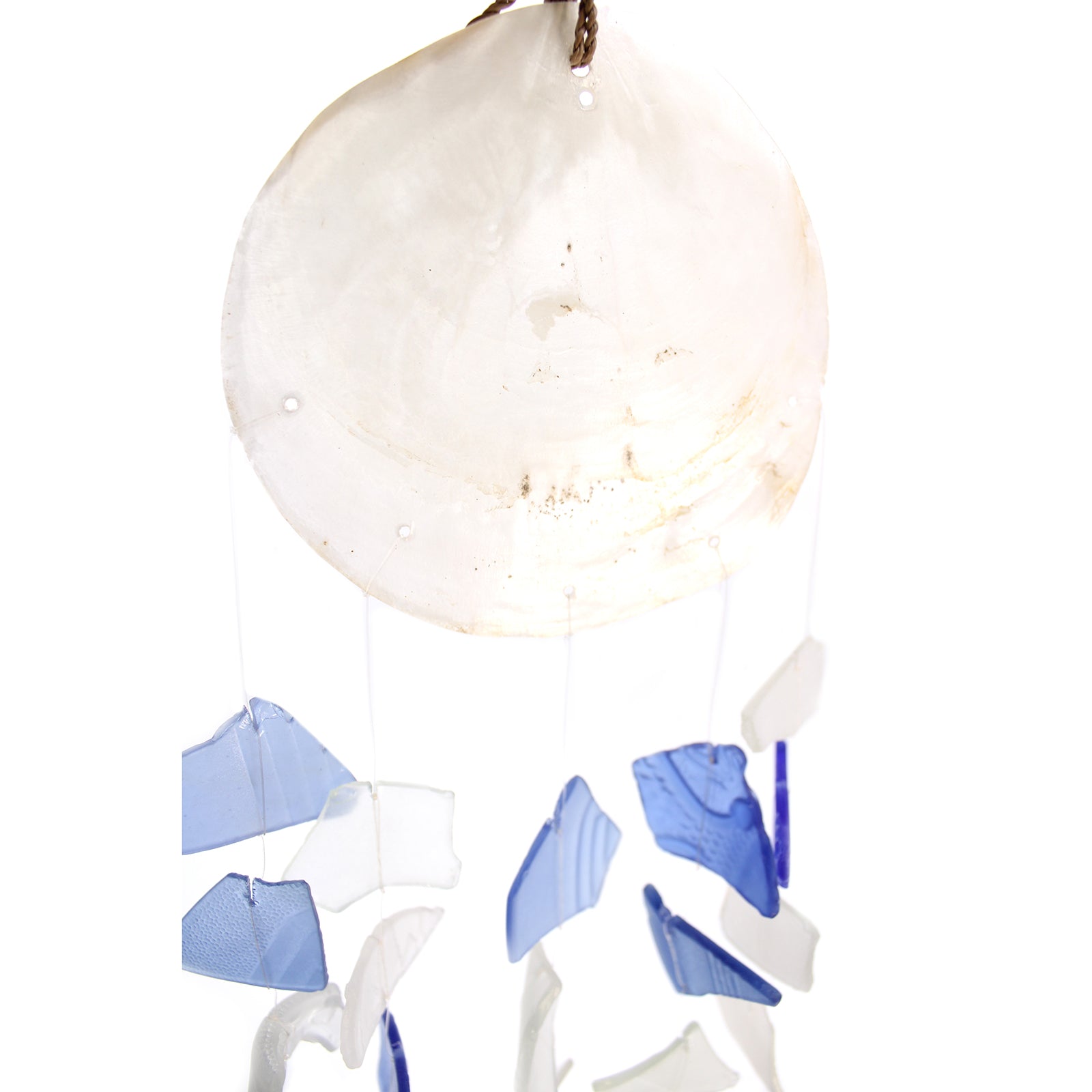 Recycled Glass Wind Chime - Blue & White Glass Drop with a pale circular top and blue and white hanging pieces by Quintessential Holistic Health Ltd