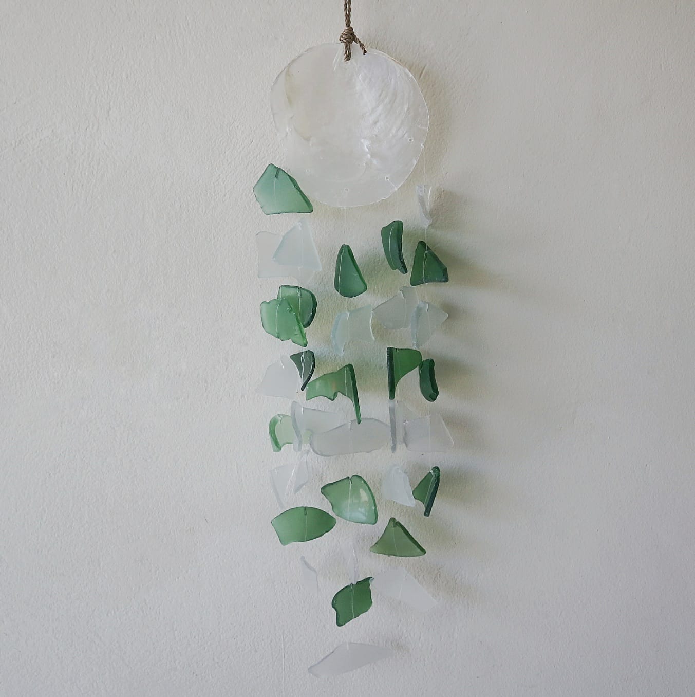 Handmade Recycled Glass Wind Chime - Glass Drop / Green and White product packaging on clean background from Quintessential Holistic Health Ltd