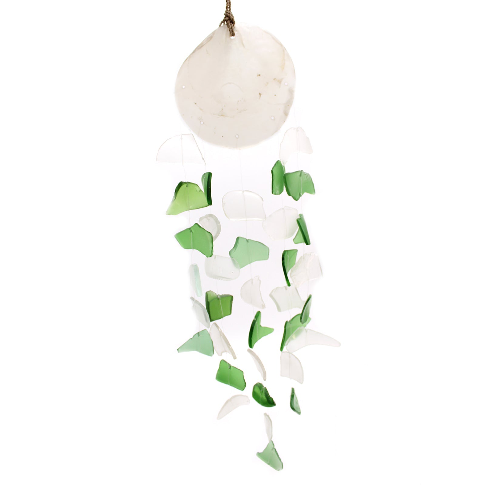 Handmade Recycled Glass Wind Chime - Glass Drop / Green and White product packaging on clean background from Quintessential Holistic Health Ltd