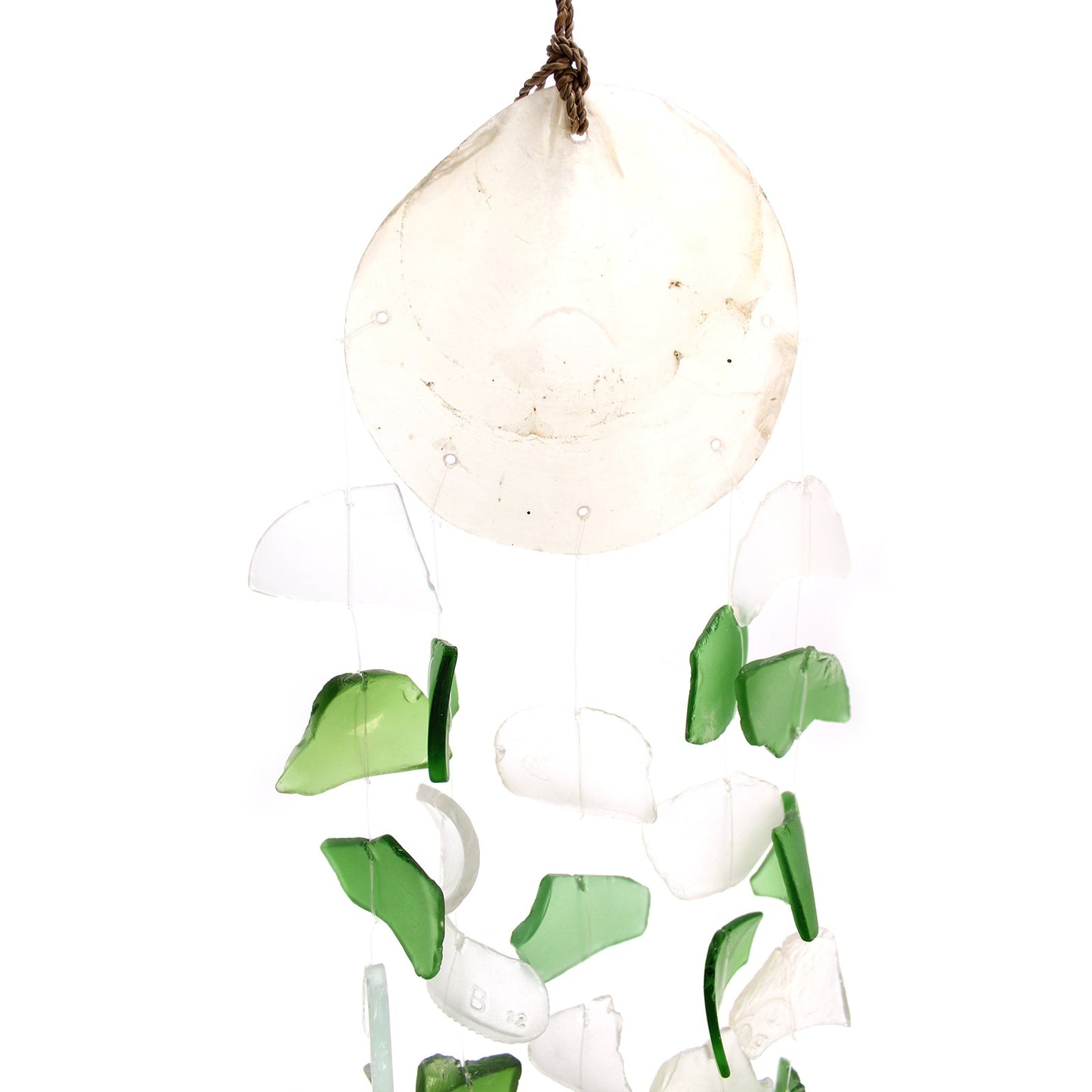 Handmade Recycled Glass Wind Chime - Glass Drop / Green and White product packaging on clean background from Quintessential Holistic Health Ltd