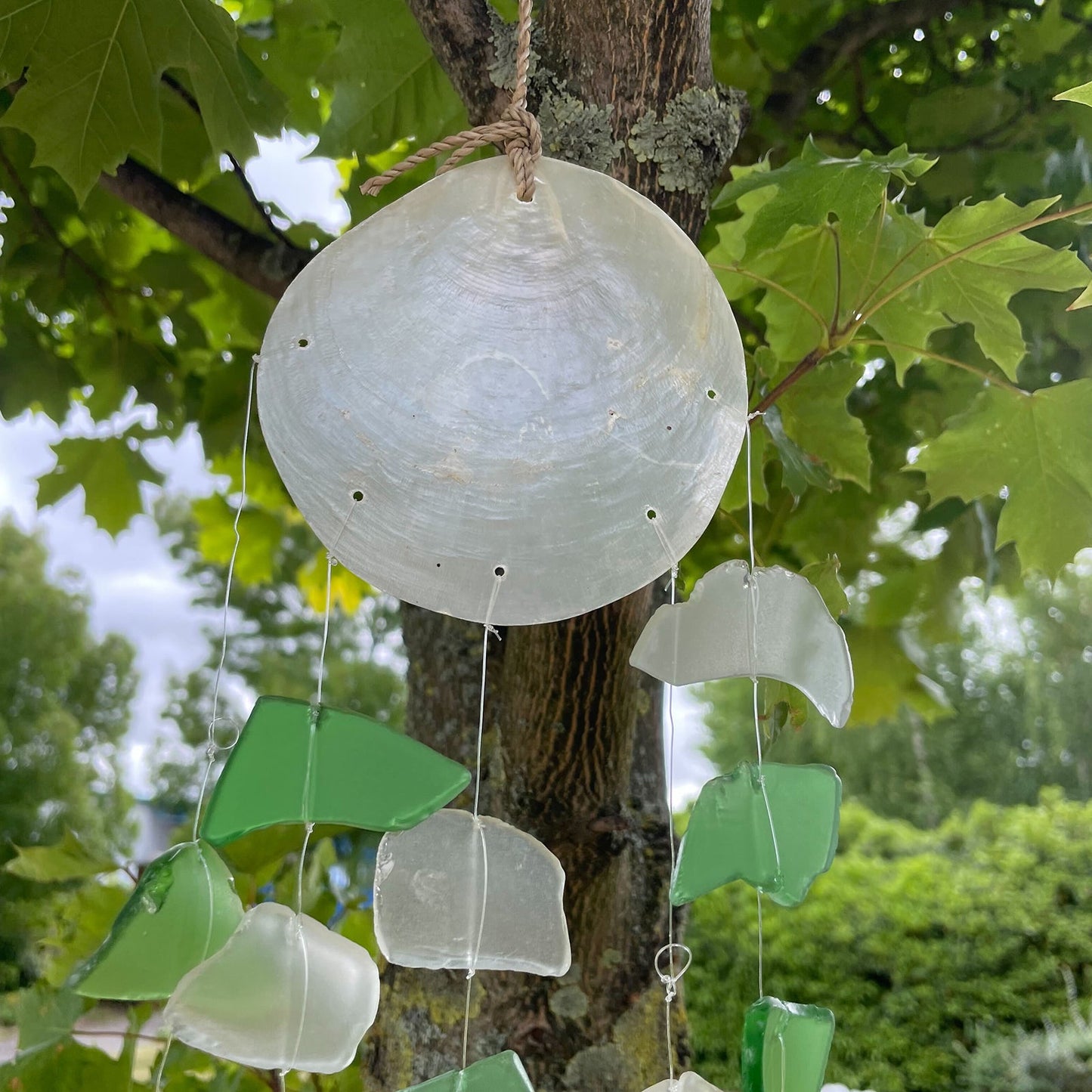 Handmade Recycled Glass Wind Chime - Glass Drop / Green and White product packaging on clean background from Quintessential Holistic Health Ltd