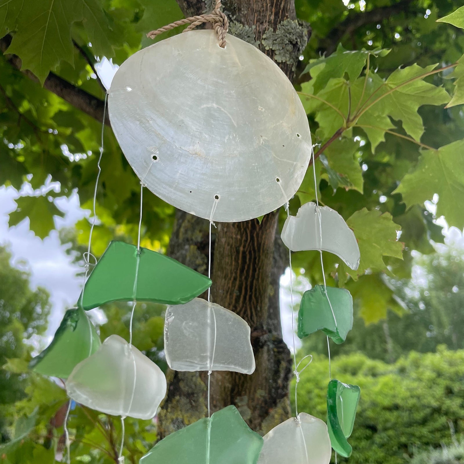 Handmade Recycled Glass Wind Chime - Glass Drop / Green and White product packaging on clean background from Quintessential Holistic Health Ltd