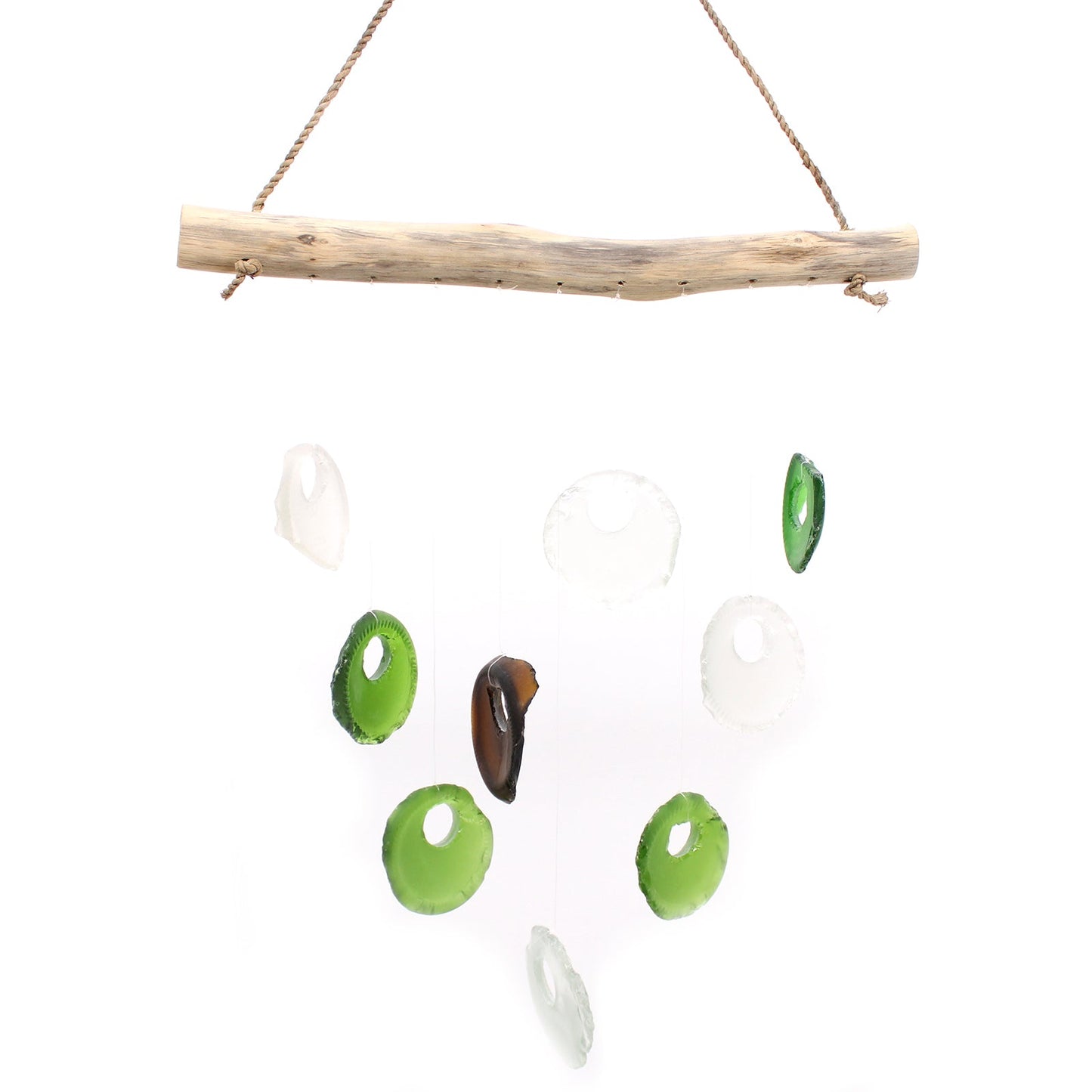 Handmade Driftwood and Recycled Glass Wind Chime - Bottle Bottoms / Multicoloured product packaging on clean background from Quintessential Holistic Health Ltd