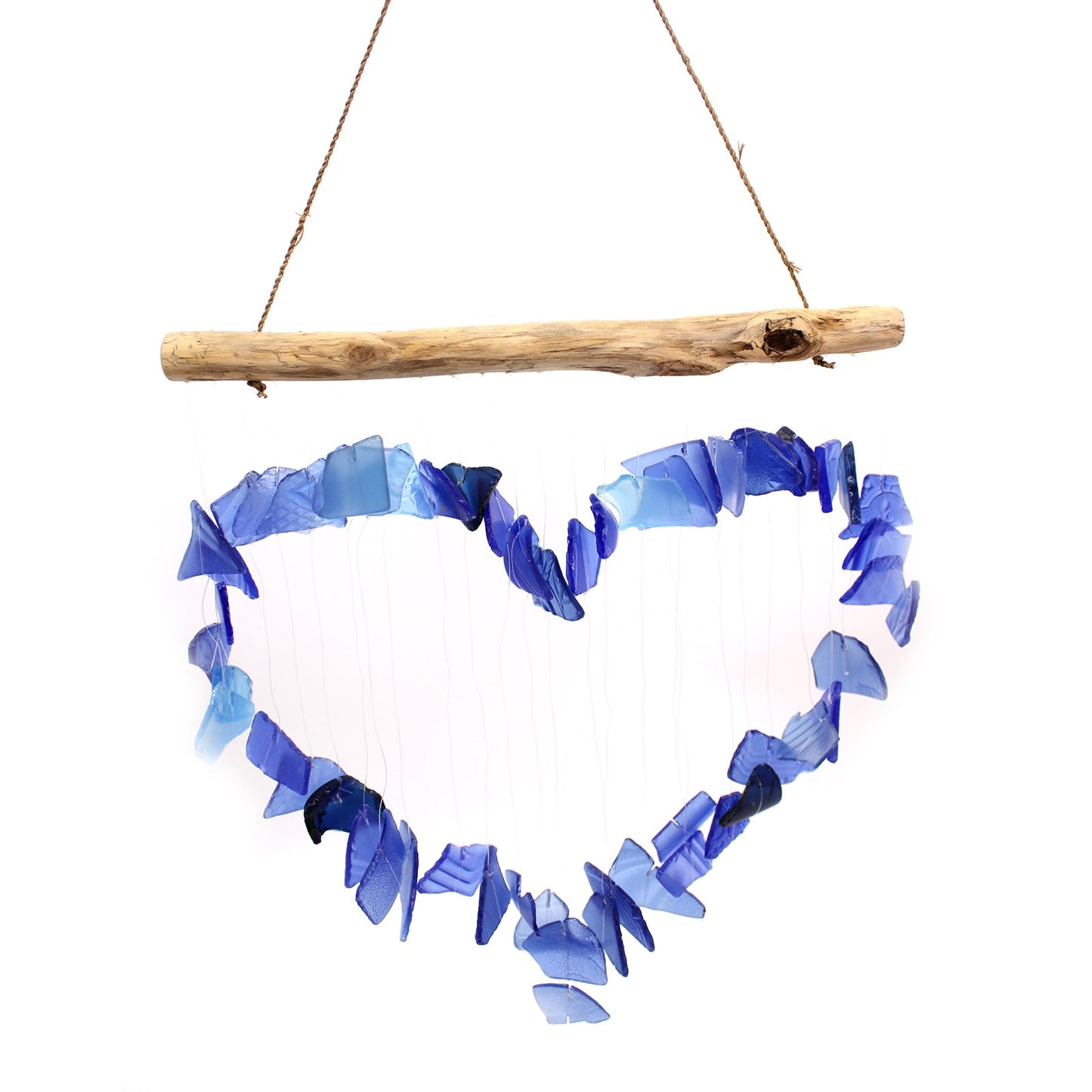 Handmade Driftwood and Recycled Glass Wind Chime - Loving Heart / Blue product packaging on clean background from Quintessential Holistic Health Ltd