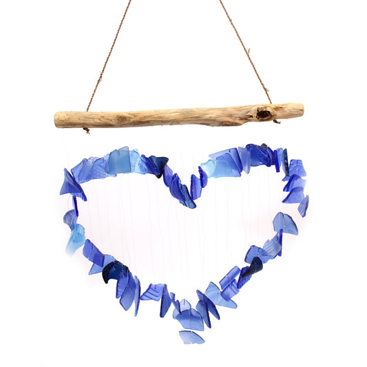 Handmade Driftwood and Recycled Glass Wind Chime - Loving Heart - Blue - main product image from Quintessential Holistic Health Ltd UK