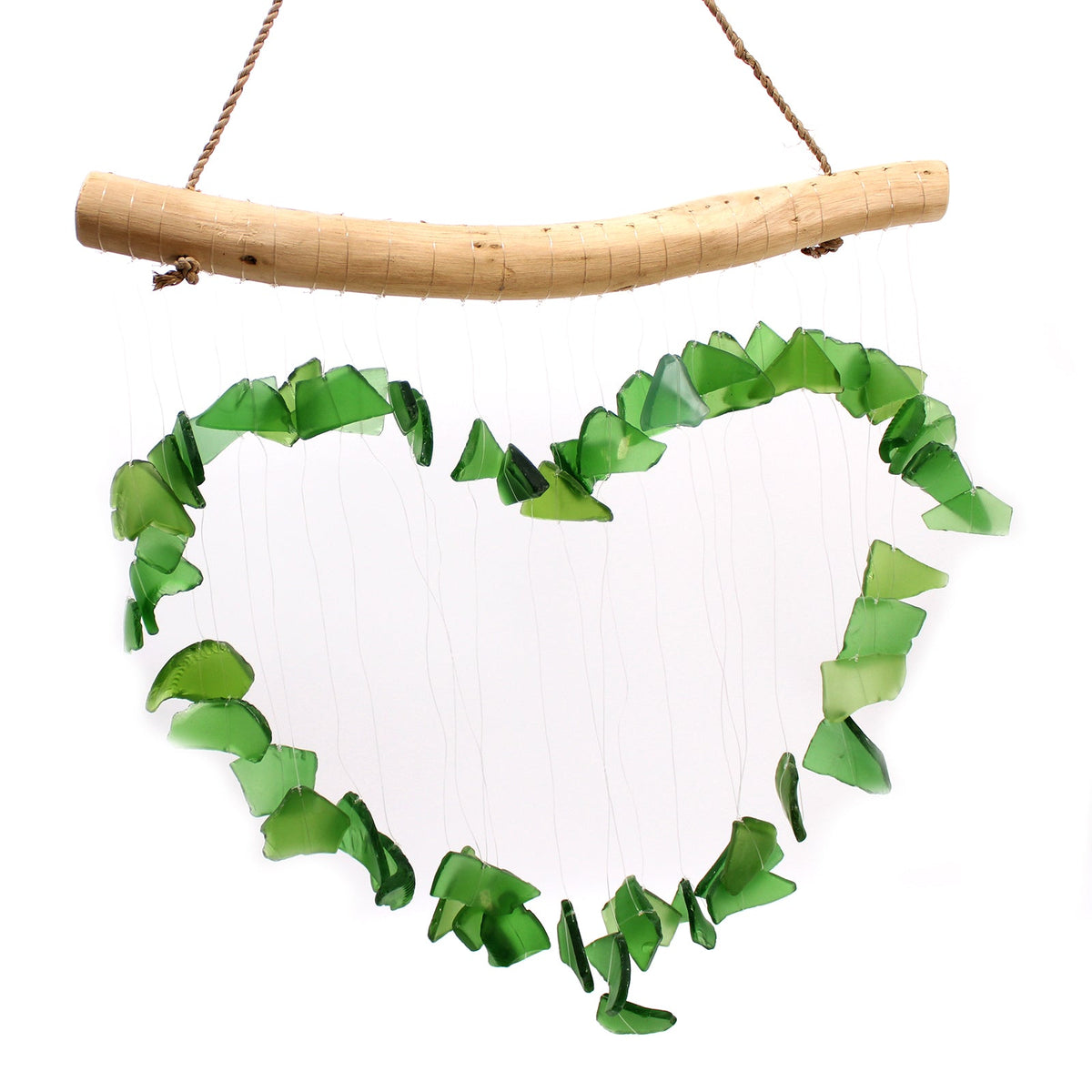 Recycled Glass & Driftwood Wind Chime - Green Loving Heart with a large green glass heart below pale driftwood by Quintessential Holistic Health Ltd
