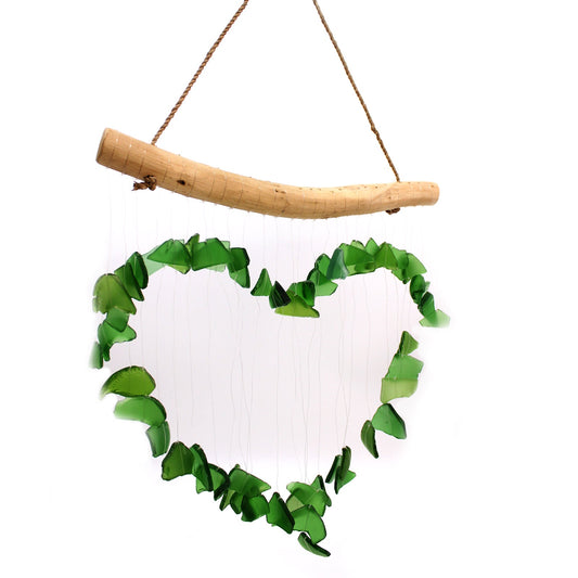 Handmade Driftwood and Recycled Glass Wind Chime - Loving Heart - Green - main product image from Quintessential Holistic Health Ltd UK