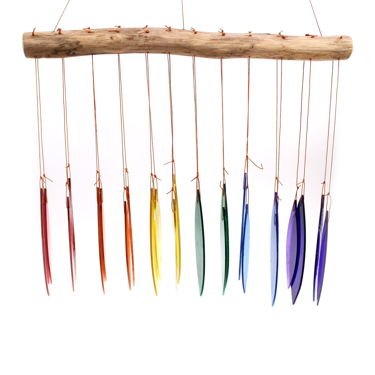 Driftwood and Recycled Glass Wind Chime - Rainbow - Multicoloured, slender pointed pieces hanging in a row by Quintessential Holistic Health Ltd