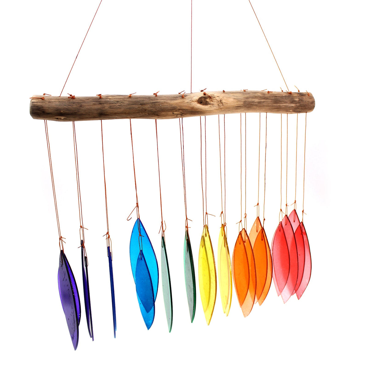 Driftwood and Recycled Glass Wind Chime - Rainbow - Multicoloured, spaced curved pieces arranged from purple to pink by Quintessential Holistic Health Ltd