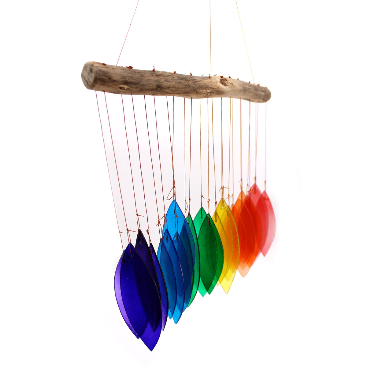 Driftwood and Recycled Glass Wind Chime - Rainbow - Multicoloured, overlapping curved pieces suspended from a branch by Quintessential Holistic Health Ltd