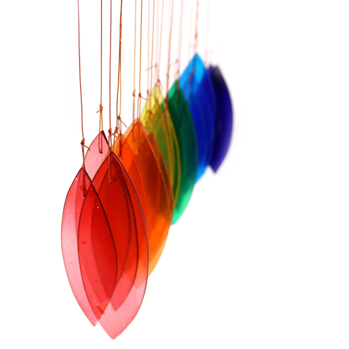 Driftwood and Recycled Glass Wind Chime - Rainbow - Multicoloured, close-up of overlapping red, orange, green and blue pieces by Quintessential Holistic Health Ltd