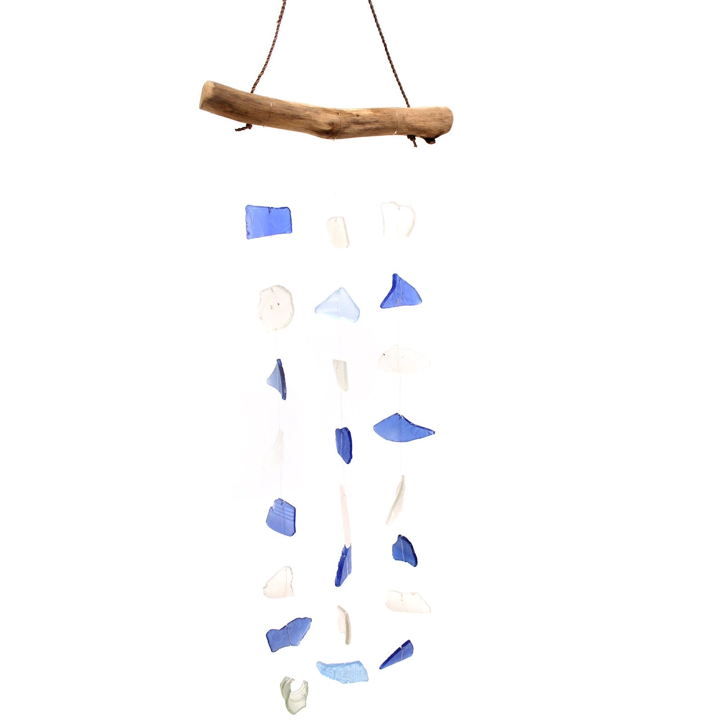 Handmade Driftwood and Recycled Glass Wind Chime - Three Drop / Blue and White product packaging on clean background from Quintessential Holistic Health Ltd