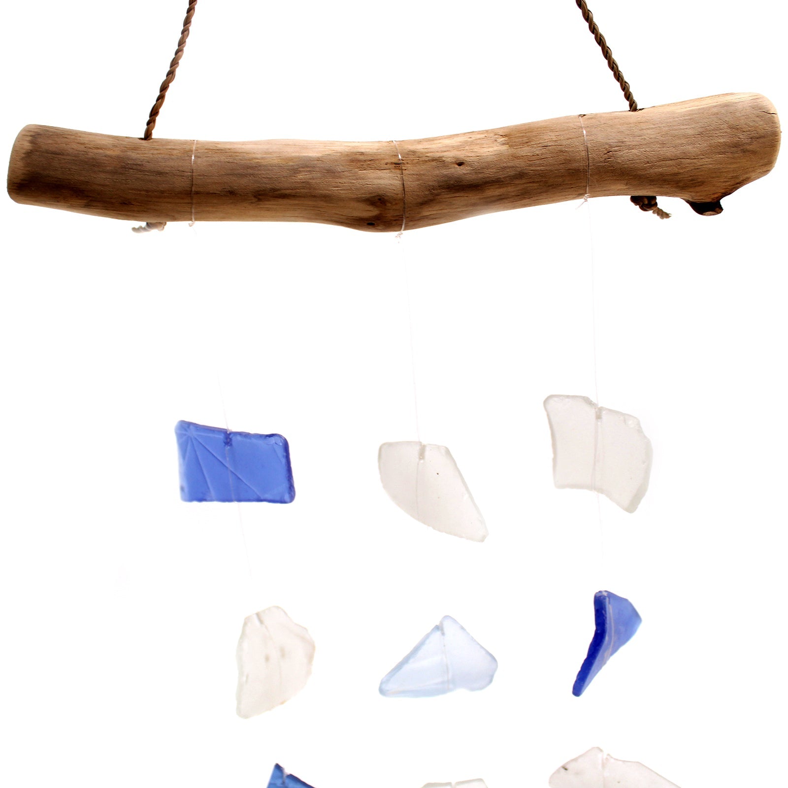 Handmade Driftwood and Recycled Glass Wind Chime - Three Drop / Blue and White product packaging on clean background from Quintessential Holistic Health Ltd